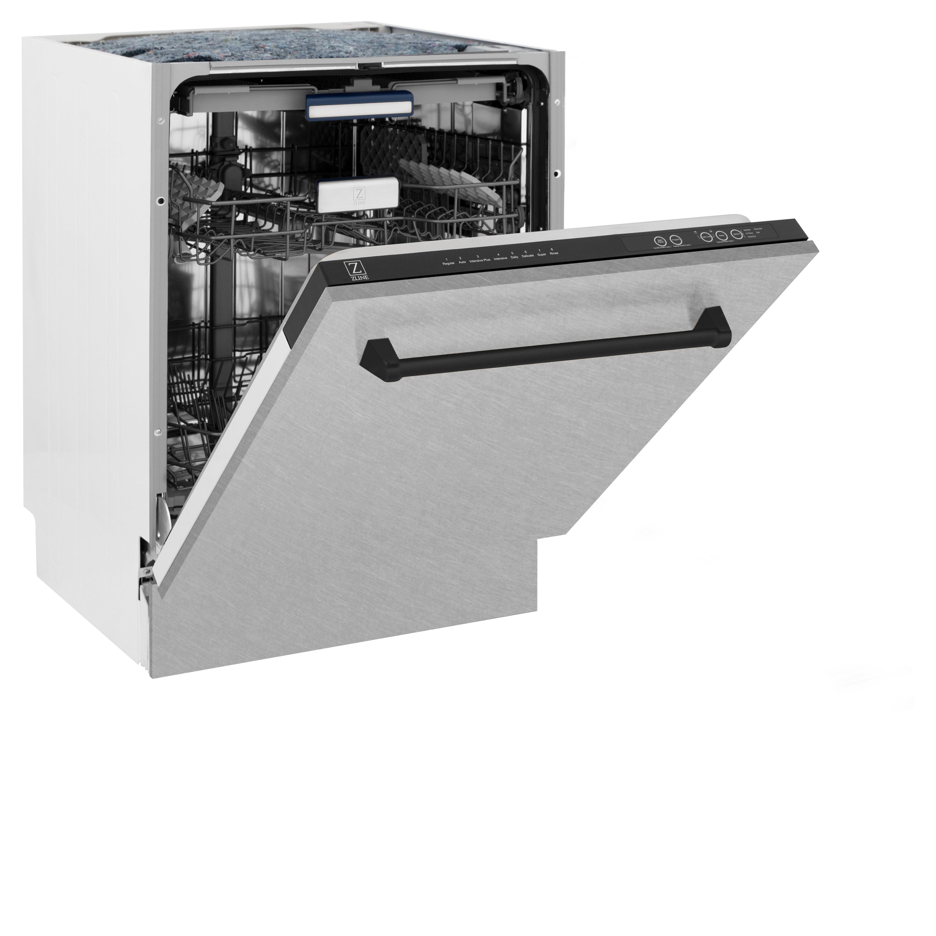 ZLINE Autograph Edition 24 in. Tallac Series 3rd Rack Top Control Built-In Tall Tub Dishwasher with Satin Stainless Steel Panel and Matte Black Handle, 51dBa (DWVZ-SN-24-MB)