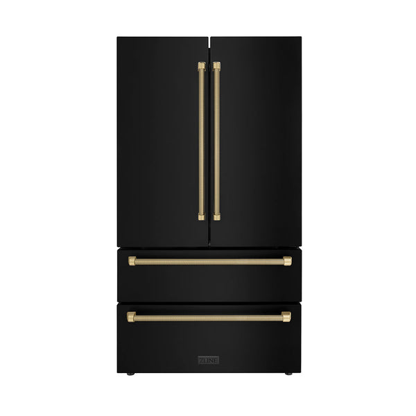 ZLINE Autograph Edition 36 in. 22.5 cu. ft. Counter-Depth French Door Refrigerator with Ice Maker in Fingerprint-Resistant Black Stainless Steel and Champagne Bronze Helix Handles (RFMZ-36-BS-KCB)