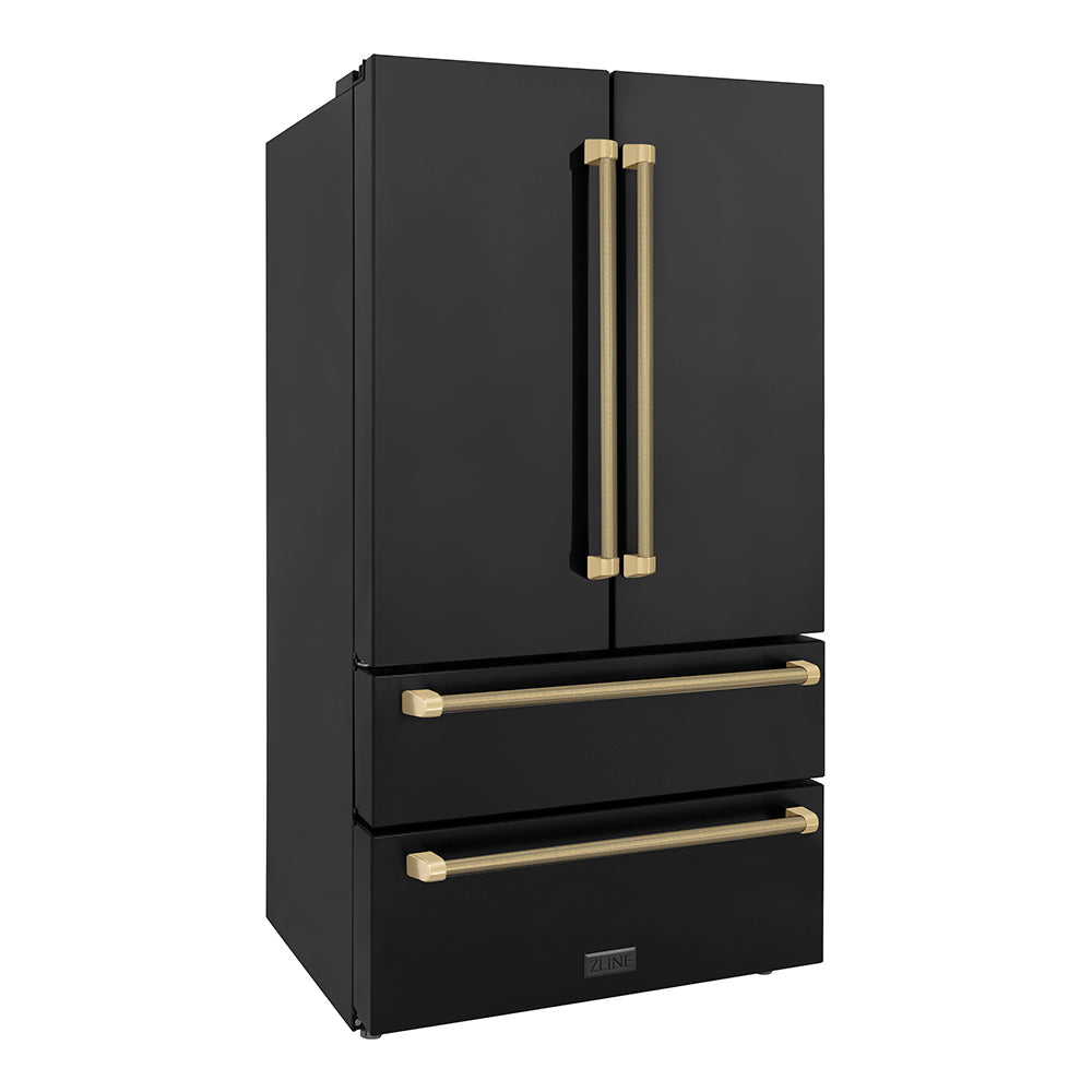 ZLINE Autograph Edition 36 in. 22.5 cu. ft. Counter-Depth French Door Refrigerator with Ice Maker in Fingerprint-Resistant Black Stainless Steel and Champagne Bronze Helix Handles (RFMZ-36-BS-KCB)
