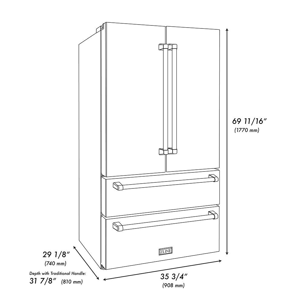 ZLINE Autograph Edition 36 in. 22.5 cu. ft. Counter-Depth French Door Refrigerator with Ice Maker in Fingerprint-Resistant Black Stainless Steel and Polished Gold Helix Handles (RFMZ-36-BS-KG)
