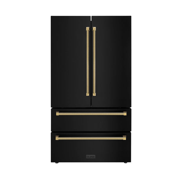 ZLINE Autograph Edition 36 in. 22.5 cu. ft. Counter-Depth French Door Refrigerator with Ice Maker in Fingerprint-Resistant Black Stainless Steel and Polished Gold Helix Handles (RFMZ-36-BS-KG)