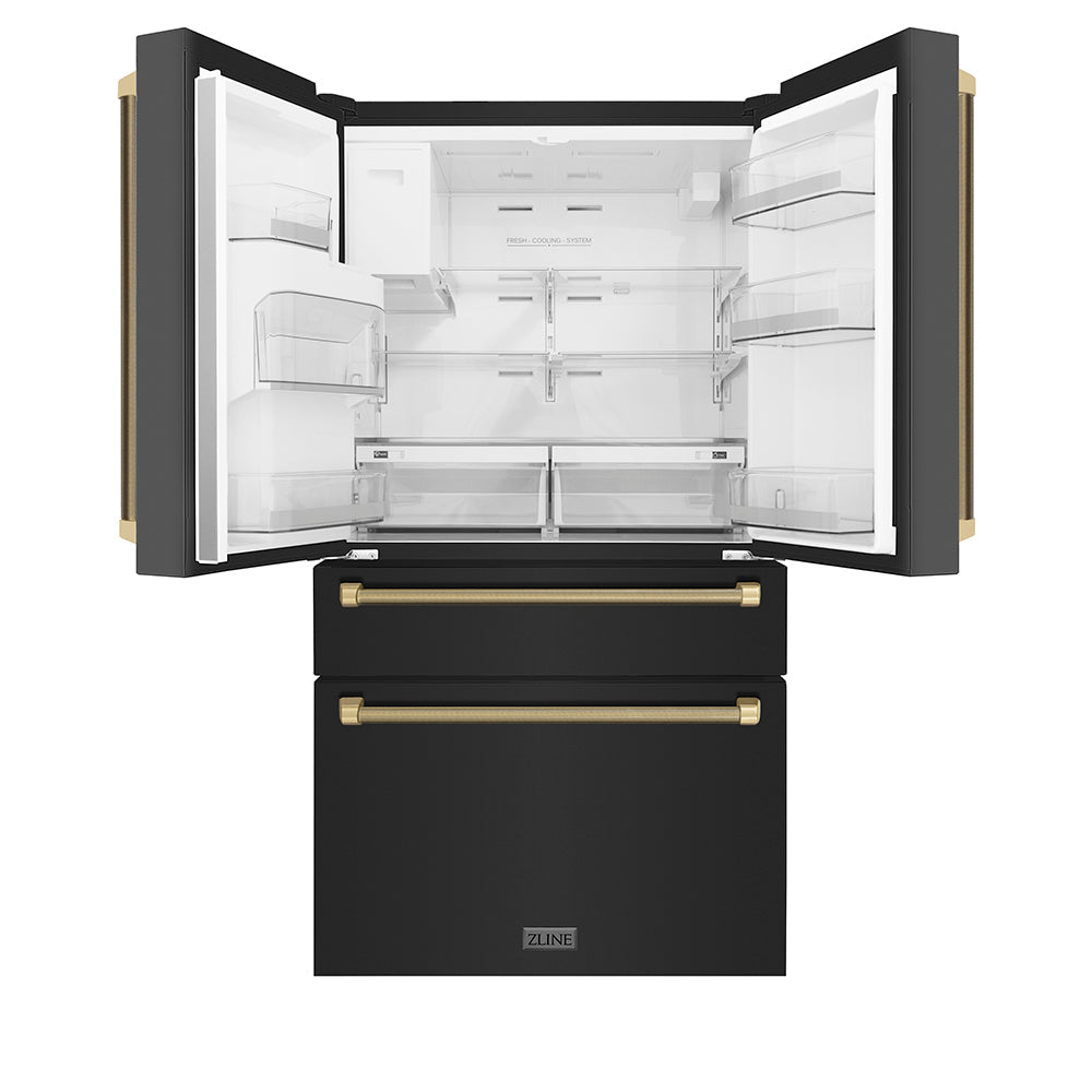 ZLINE Autograph Edition 36 in. 21.6 cu. ft. Counter-Depth French Door Refrigerator with Water and Ice Dispenser in Fingerprint-Resistant Black Stainless Steel with Champagne Bronze Helix Handles (RFMZ-W36-BS-KCB)