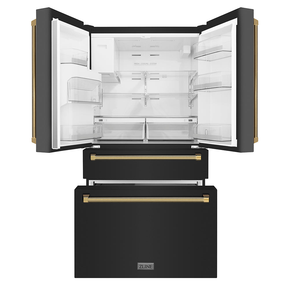 ZLINE Autograph Edition 36 in. 21.6 cu. ft. Counter-Depth French Door Refrigerator with Water and Ice Dispenser in Fingerprint-Resistant Black Stainless Steel with Polished Gold Helix Handles (RFMZ-W-36-BS-KG)