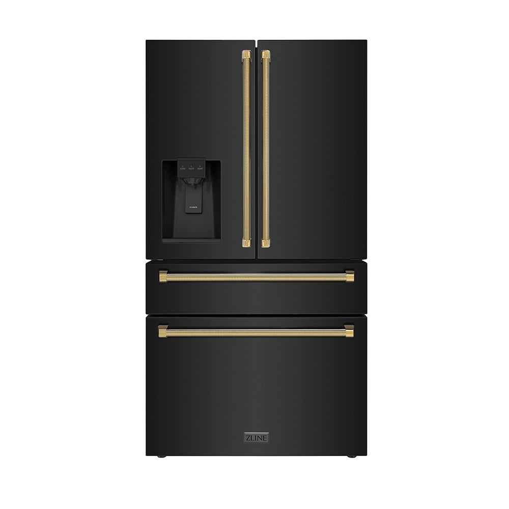 ZLINE Autograph Edition 36 in. 21.6 cu. ft. Counter-Depth French Door Refrigerator with Water and Ice Dispenser in Fingerprint-Resistant Black Stainless Steel with Polished Gold Helix Handles (RFMZ-W-36-BS-KG)