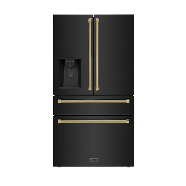 ZLINE Autograph Edition 36 in. 21.6 cu. ft. Counter-Depth French Door Refrigerator with Water and Ice Dispenser in Fingerprint-Resistant Black Stainless Steel with Polished Gold Helix Handles (RFMZ-W-36-BS-KG)