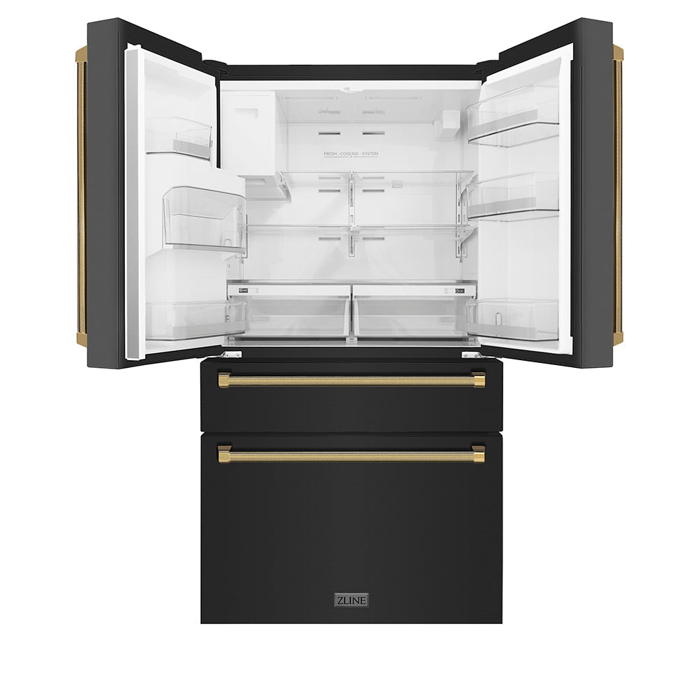 ZLINE Autograph Edition 36 in. 21.6 cu. ft. Counter-Depth French Door Refrigerator with Water and Ice Dispenser in Fingerprint-Resistant Black Stainless Steel with Polished Gold Helix Handles (RFMZ-W-36-BS-KG)