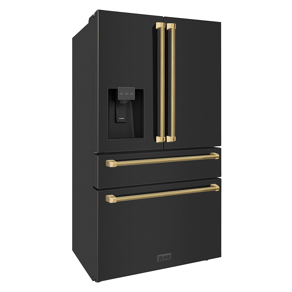ZLINE Autograph Edition 36 in. 21.6 cu. ft. Counter-Depth French Door Refrigerator with Water and Ice Dispenser in Fingerprint-Resistant Black Stainless Steel with Polished Gold Helix Handles (RFMZ-W-36-BS-KG)