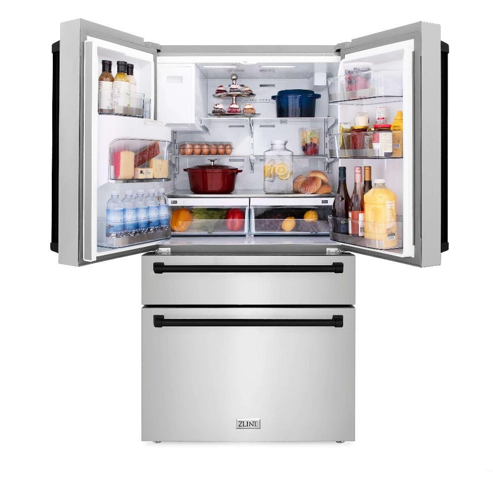 ZLINE Autograph Edition 30 in. Kitchen Package with Stainless Steel Dual Fuel Range, Range Hood, Dishwasher, and Refrigerator with External Water Dispenser with Matte Black Accents (4AKPR-RARHDWM30-MB)