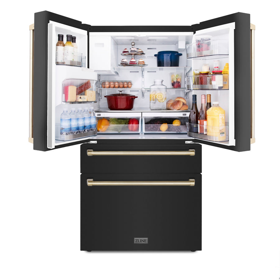 36" ZLINE Appliances Package - Autograph Edition Black Stainless Steel Dual Fuel Range, Range Hood, Dishwasher and Refrigeration Water & Ice Dispenser, Gold Accents (4KAPR-RABRHDWV36-G)