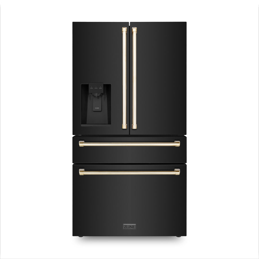 36" ZLINE Appliances Package - Autograph Edition Black Stainless Steel Dual Fuel Range, Range Hood, Dishwasher and Refrigeration Water & Ice Dispenser, Gold Accents (4KAPR-RABRHDWV36-G)