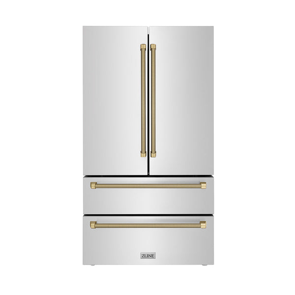 ZLINE Autograph Edition 36 in. 22.5 cu. ft. Counter-Depth French Door Refrigerator with Ice Maker in Fingerprint-Resistant Stainless Steel and Champagne Bronze Helix Handles (RFMZ-36-KCB)
