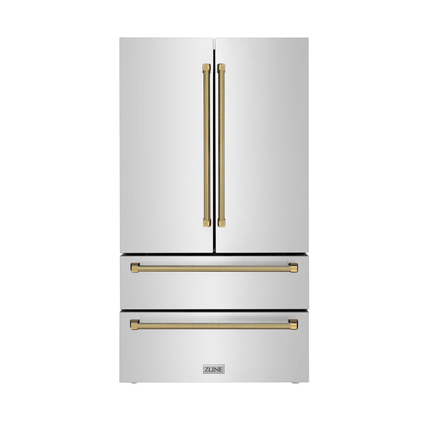 ZLINE Autograph Edition 36 in. 22.5 cu. ft. Counter-Depth French Door Refrigerator with Ice Maker in Fingerprint-Resistant Stainless Steel and Polished Gold Helix Handles (RFMZ-36-KG)