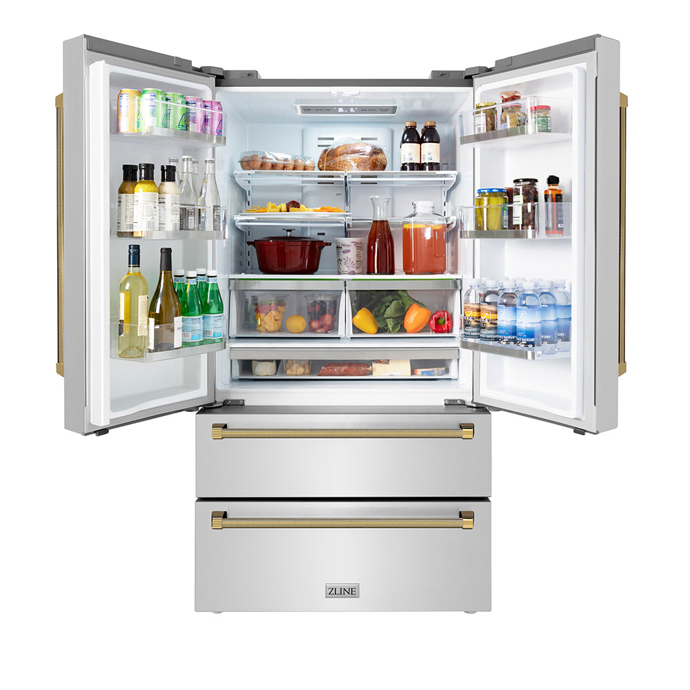 ZLINE Autograph Edition 36 in. 22.5 cu. ft. Counter-Depth French Door Refrigerator with Ice Maker in Fingerprint-Resistant Stainless Steel and Polished Gold Helix Handles (RFMZ-36-KG)