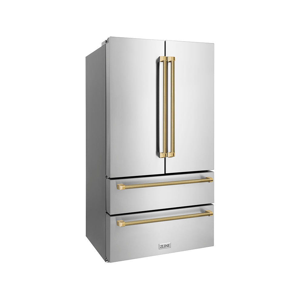 ZLINE Autograph Edition 36 in. 22.5 cu. ft. Counter-Depth French Door Refrigerator with Ice Maker in Fingerprint-Resistant Stainless Steel and Polished Gold Helix Handles (RFMZ-36-KG)
