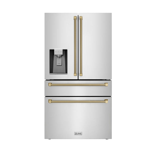 ZLINE Autograph Edition 36 in. 21.6 cu. ft. Counter-Depth French Door Refrigerator with Water and Ice Dispenser in Fingerprint-Resistant Stainless Steel with Champagne Bronze Helix Handles (RFMZ-W-36-KCB)