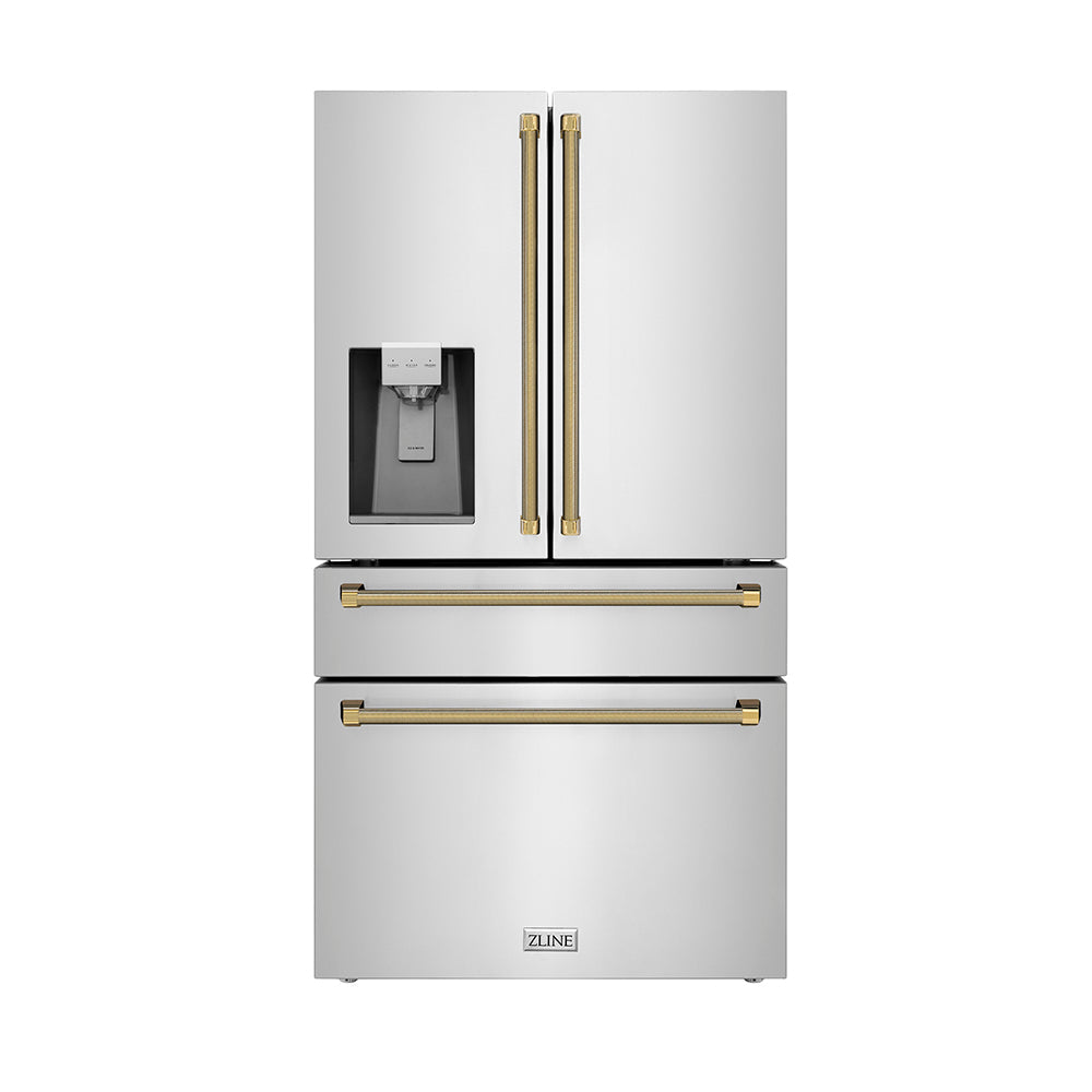 ZLINE Autograph Edition 36 in. 21.6 cu. ft. Counter-Depth French Door Refrigerator with Water and Ice Dispenser in Fingerprint-Resistant Stainless Steel with Polished Gold Helix Handles (RFMZ-W-36-KG)