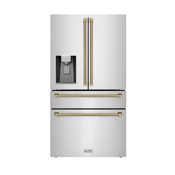 ZLINE Autograph Edition 36 in. 21.6 cu. ft. Counter-Depth French Door Refrigerator with Water and Ice Dispenser in Fingerprint-Resistant Stainless Steel with Polished Gold Helix Handles (RFMZ-W-36-KG)