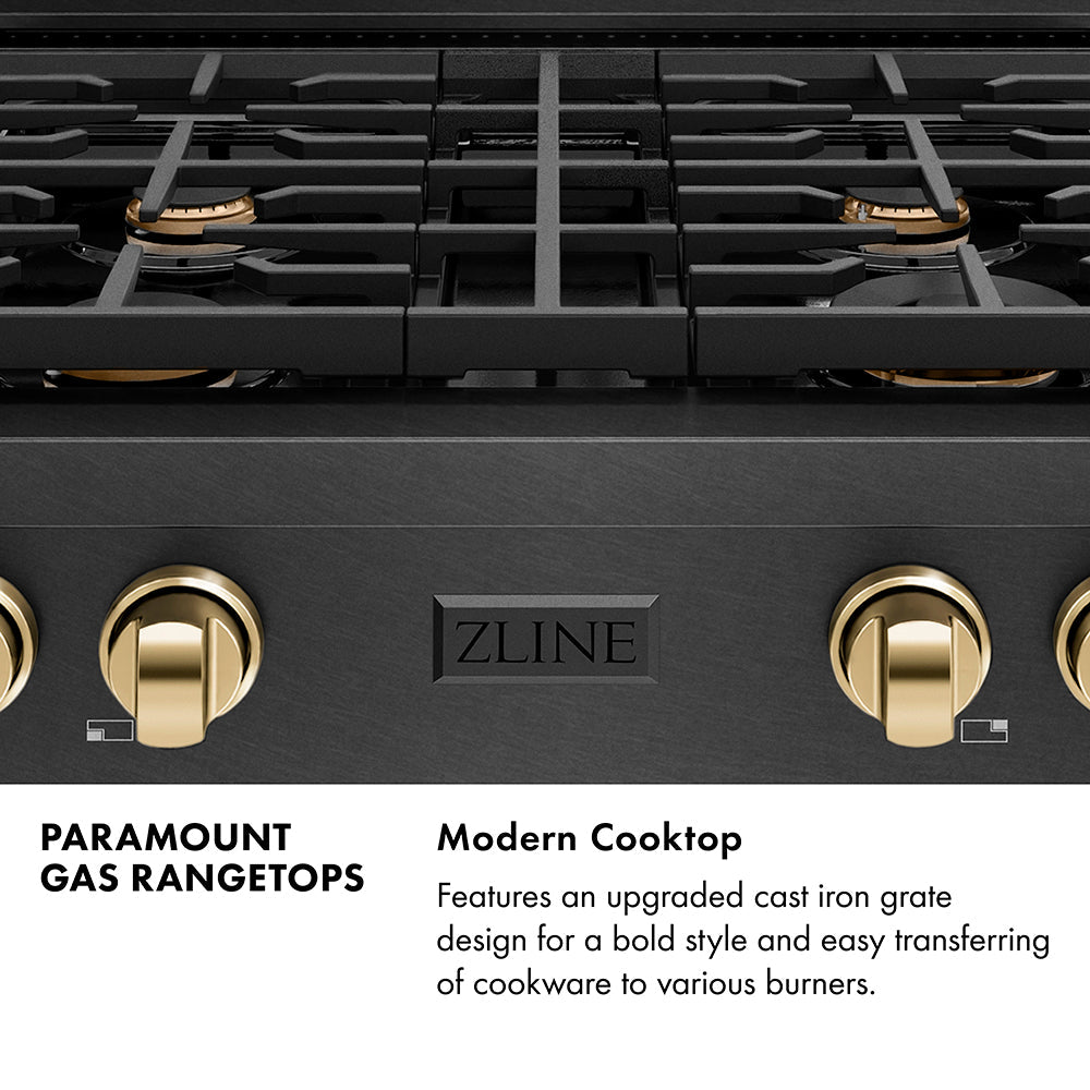 ZLINE Autograph Edition 30 in. Paramount Gas Rangetop with 4 Burners and Porcelain Cooktop in Black Satin Stainless Steel with Polished Gold Accents (SRTBSZ-30-G)