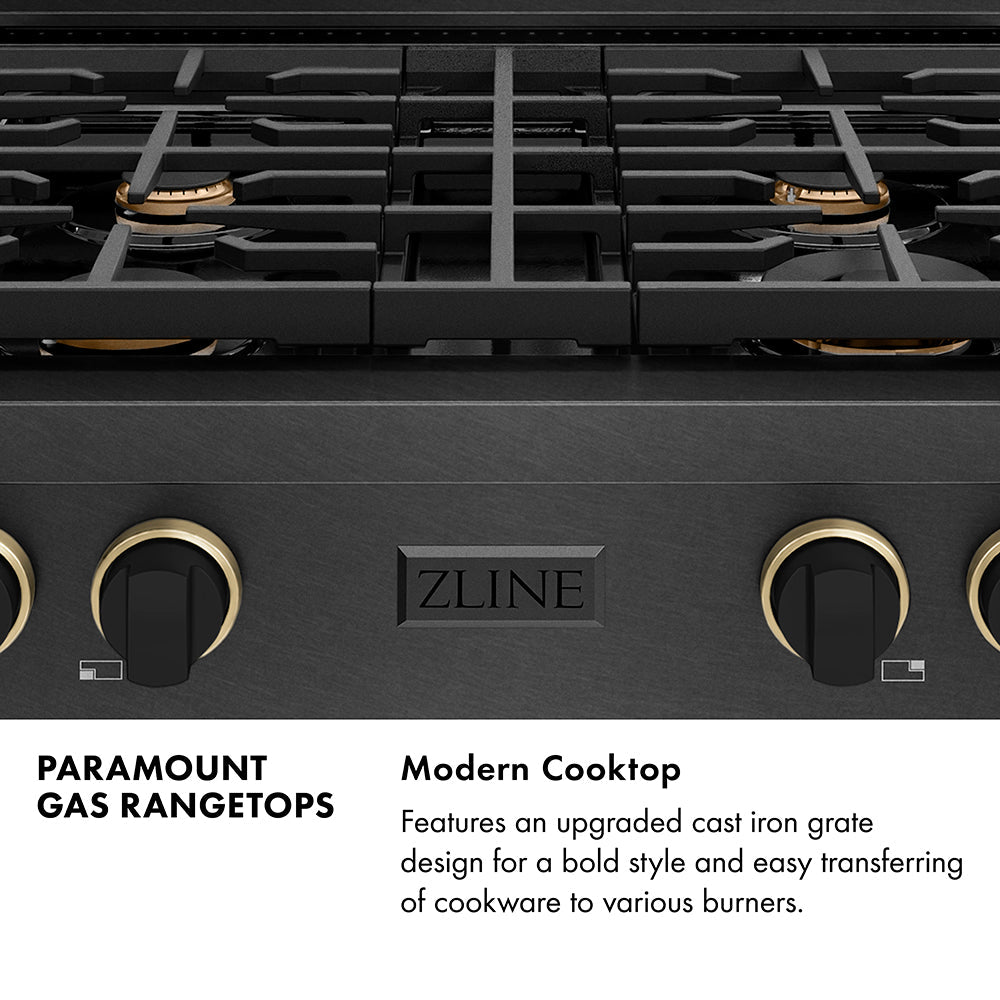ZLINE Designer Collection 30 in. Paramount Gas Rangetop with 4 Burners in Black Satin Stainless Steel with Matte Black and Champagne Bronze Accents (SRTBSZ-30-MBCB)