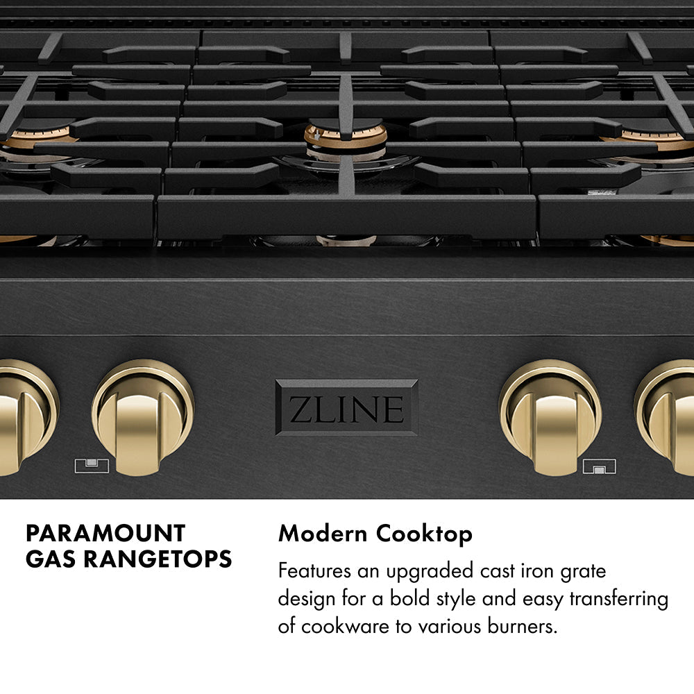 ZLINE Autograph Edition 36 in. Paramount Gas Rangetop with 6 Burners and Porcelain Cooktop in Black Satin Stainless Steel with Champagne Bronze Accents (SRTBSZ-36-CB)