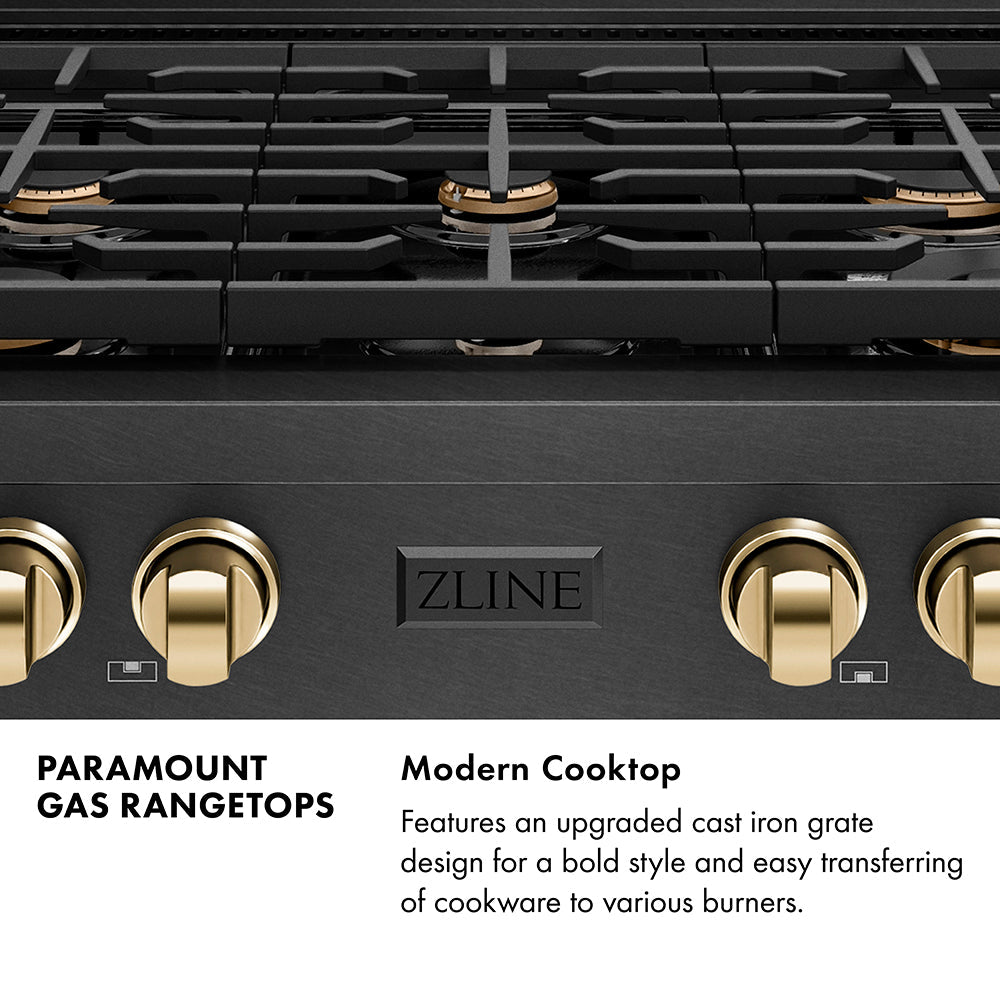 ZLINE Autograph Edition 36 in. Paramount Gas Rangetop with 6 Burners and Porcelain Cooktop in Black Satin Stainless Steel with Polished Gold Accents (SRTBSZ-36-G)