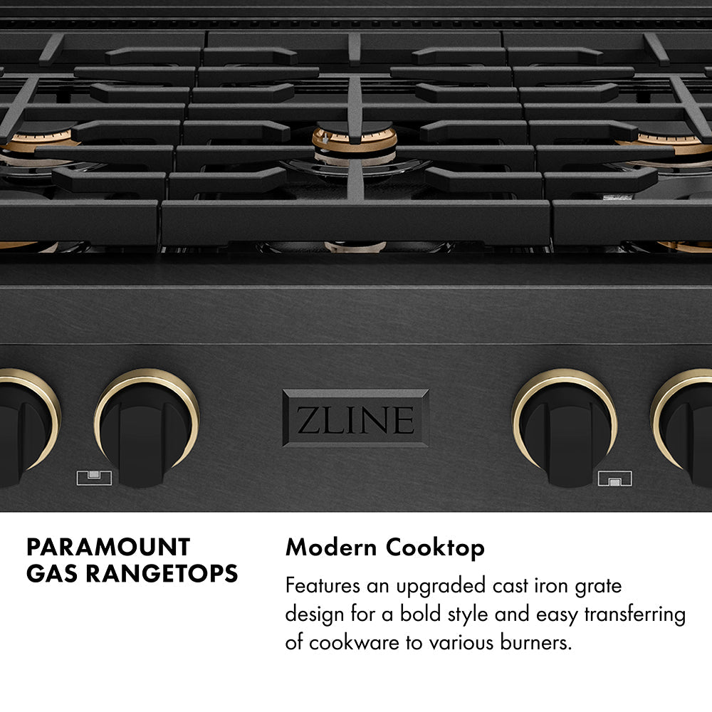 ZLINE Designer Collection 36 in. Paramount Gas Rangetop with 6 Burners in Black Satin Stainless Steel with Matte Black and Champagne Bronze Accents (SRTBSZ-36-MBCB)