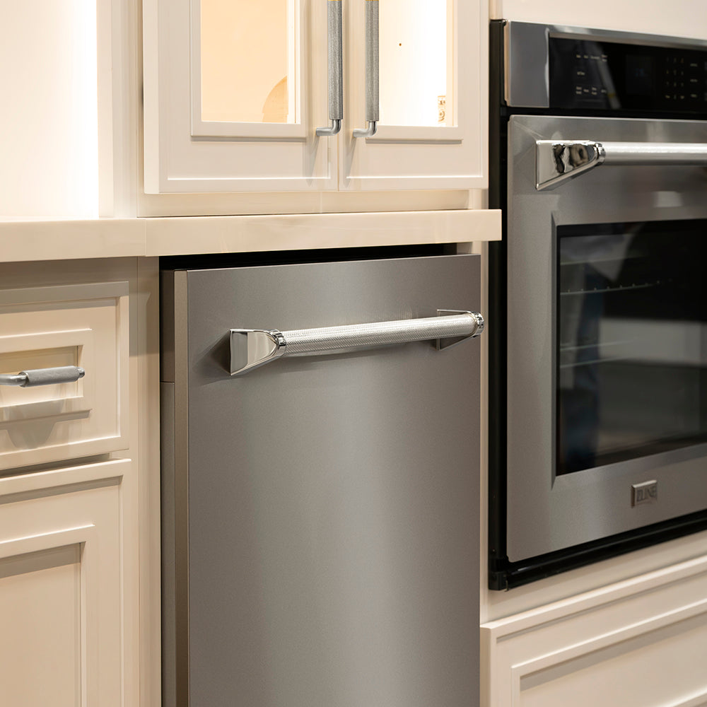 ZLINE Autograph Edition 24 in. Monument Series 3rd Rack Top Touch Control Tall Tub Dishwasher in Stainless Steel with Polished Nickel Helix Handle, 45dBa (DWMTZ-30424-KPN)