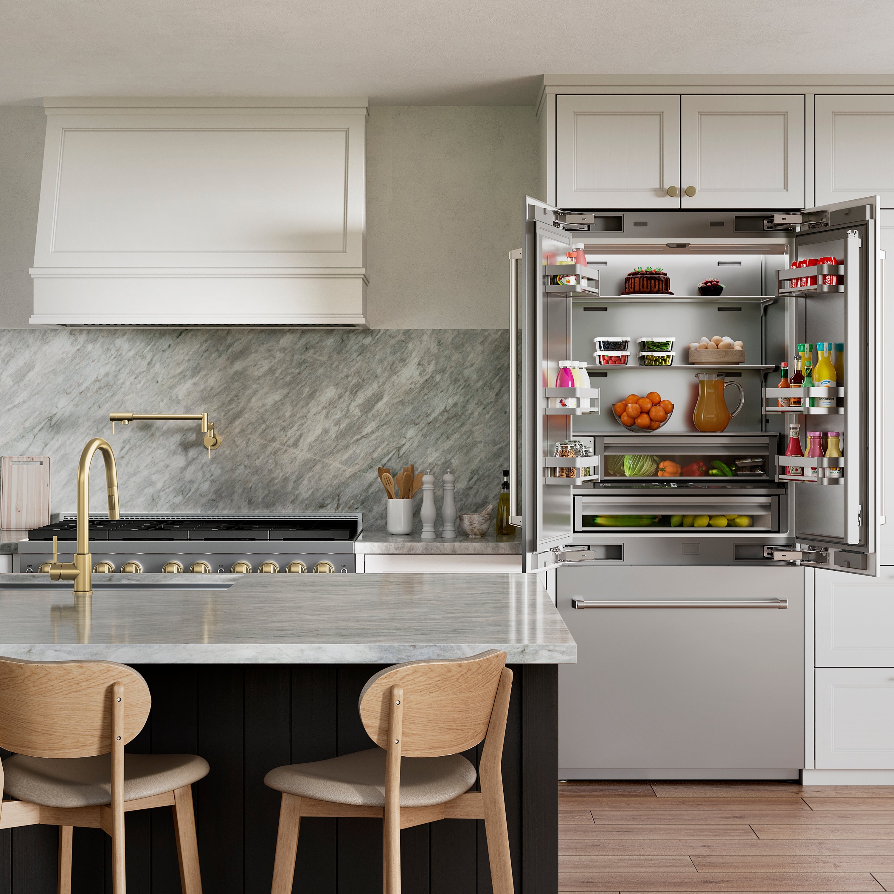 ZLINE 36 in. 19.6 cu. ft. French Door Built-In Bottom Freezer Refrigerator with Water Dispenser and Ice Maker in Stainless Steel with Stainless Steel Interior (SRBIV-304-36)