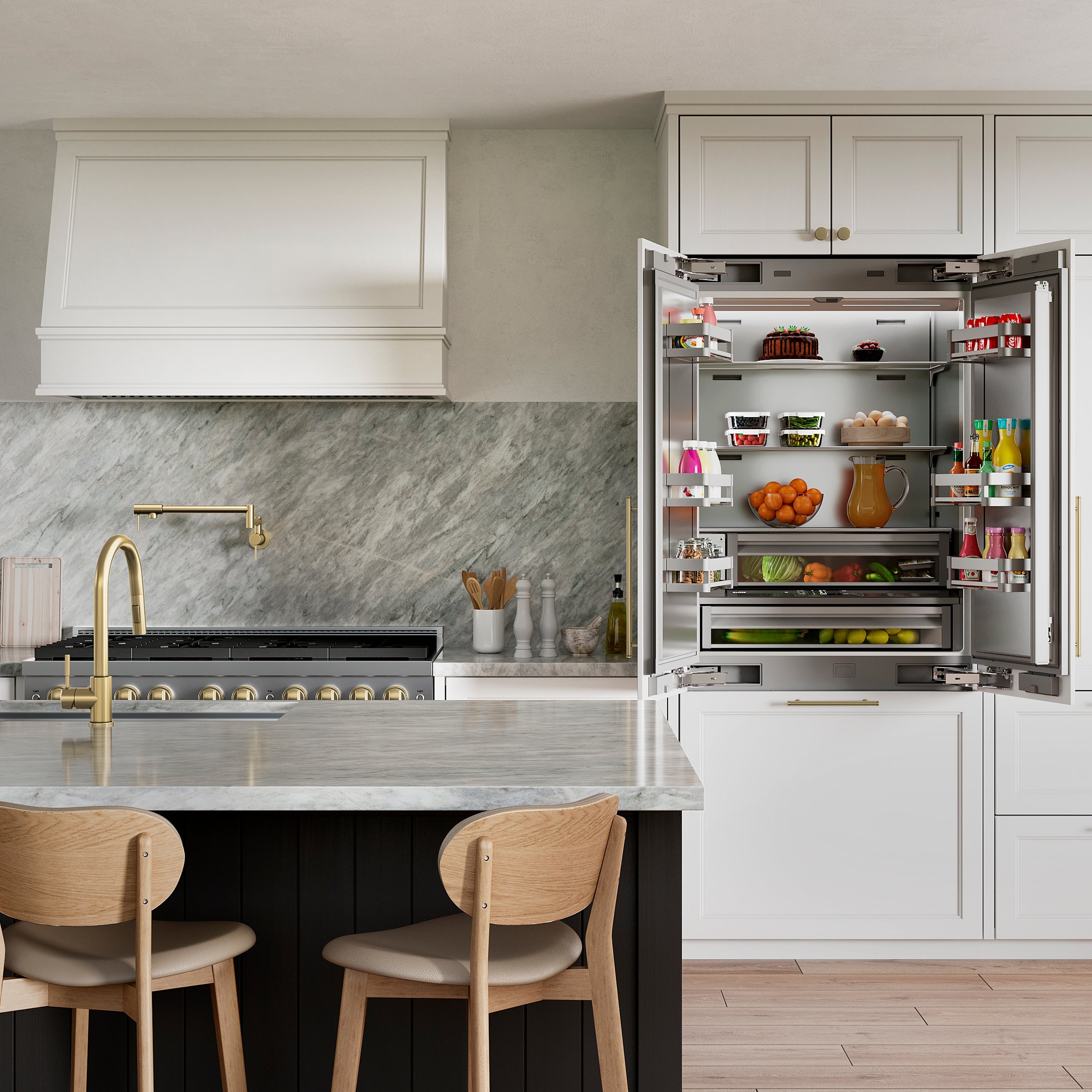 ZLINE 36 in. 19.6 cu. ft. Panel Ready French Door Built-In Bottom Freezer Refrigerator with Water Dispenser and Ice Maker with Stainless Steel Interior (SRBIV-36)