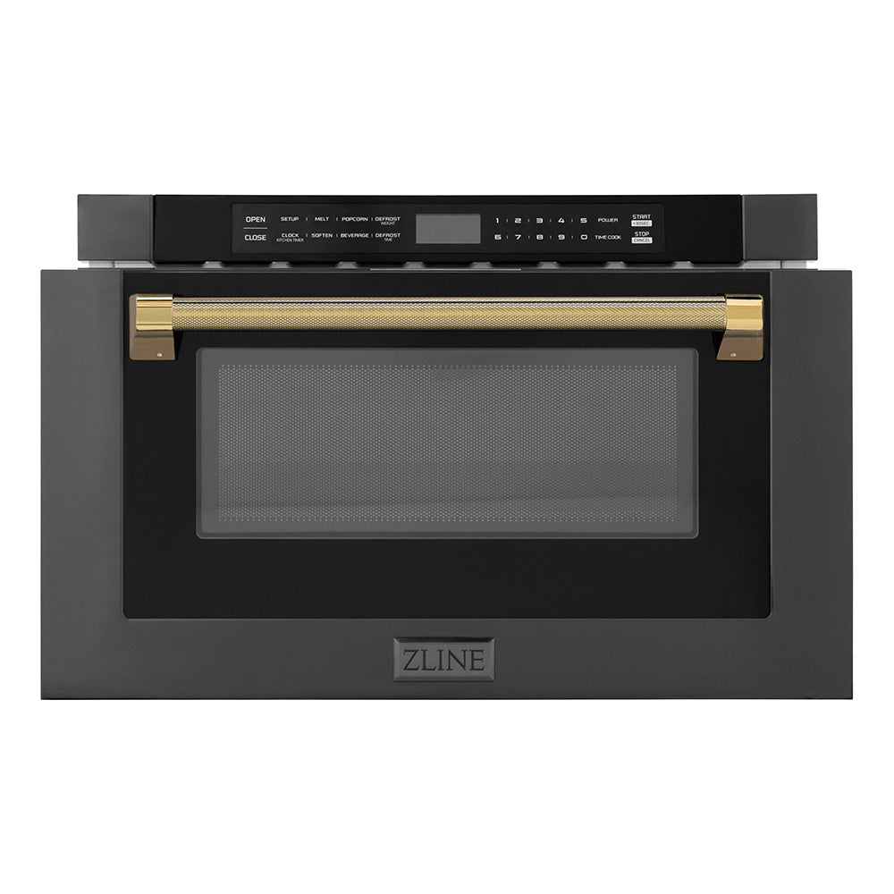 ZLINE Autograph Edition 24 in. 1.2 cu. ft. Built-in Microwave Drawer in Black Stainless Steel and Polished Gold Helix Handle (MWDZ-1-BS-H-KG)