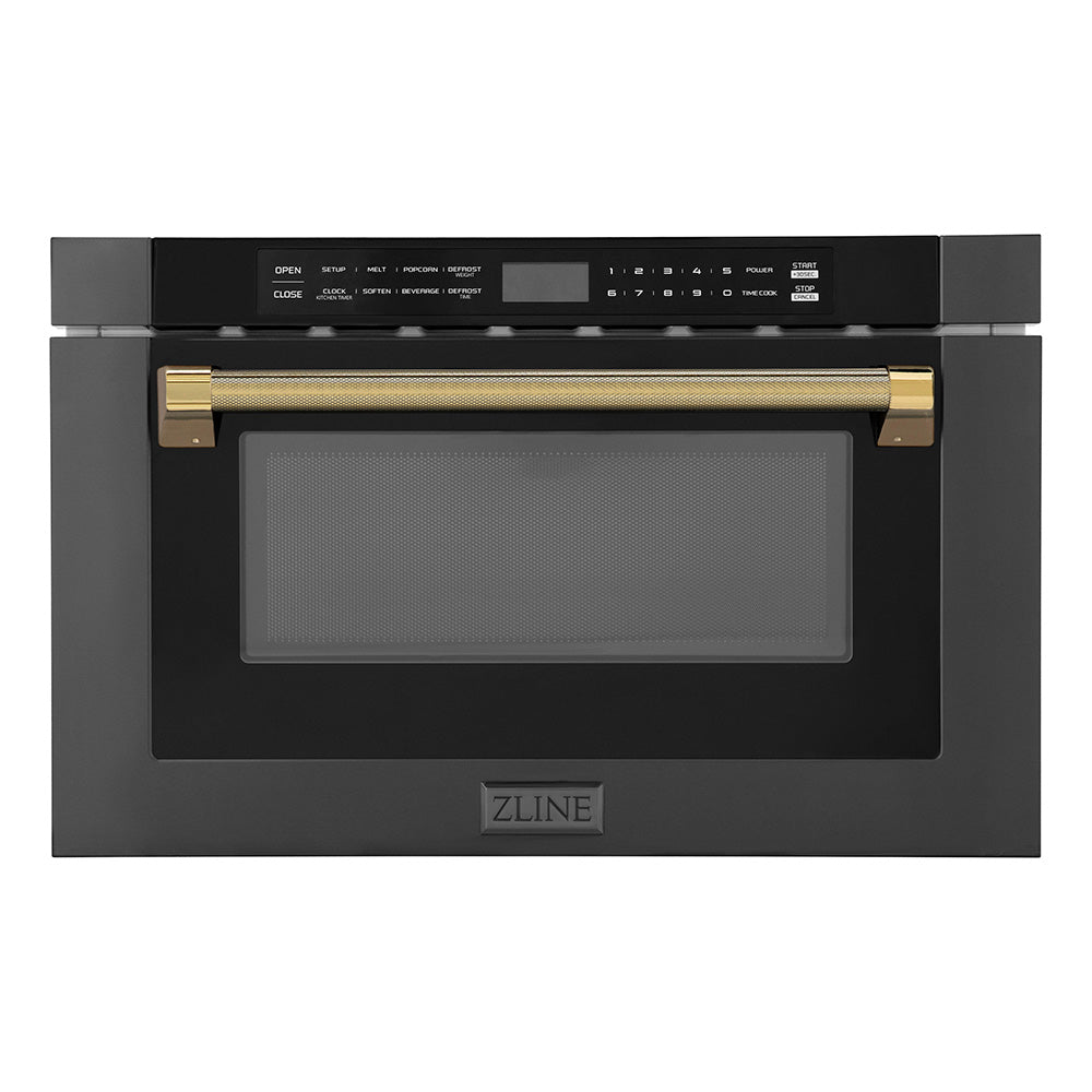 ZLINE Autograph Edition 24 in. 1.2 cu. ft. Built-in Microwave Drawer in Black Stainless Steel and Polished Gold Helix Handle (MWDZ-1-BS-H-KG)