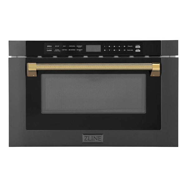 ZLINE Autograph Edition 24 in. 1.2 cu. ft. Built-in Microwave Drawer in Black Stainless Steel and Polished Gold Helix Handle (MWDZ-1-BS-H-KG)