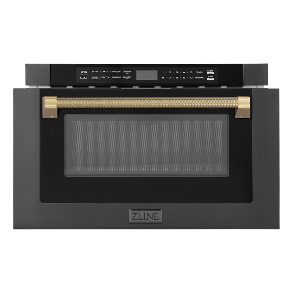 ZLINE Autograph Edition 24 in. 1.2 cu. ft. Built-in Microwave Drawer in Black Stainless Steel and Champagne Bronze Helix Handle (MWDZ-1-BS-H-KCB)