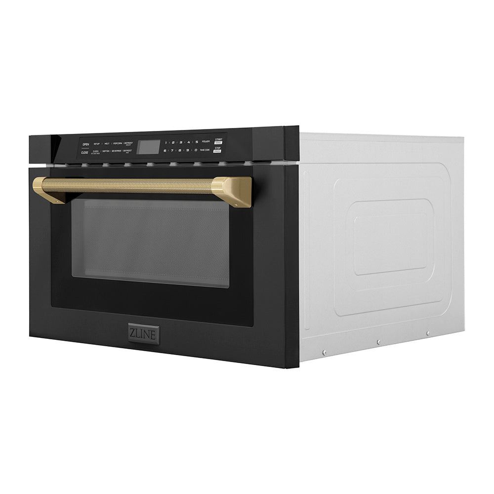 ZLINE Autograph Edition 24 in. 1.2 cu. ft. Built-in Microwave Drawer in Black Stainless Steel and Champagne Bronze Helix Handle (MWDZ-1-BS-H-KCB)