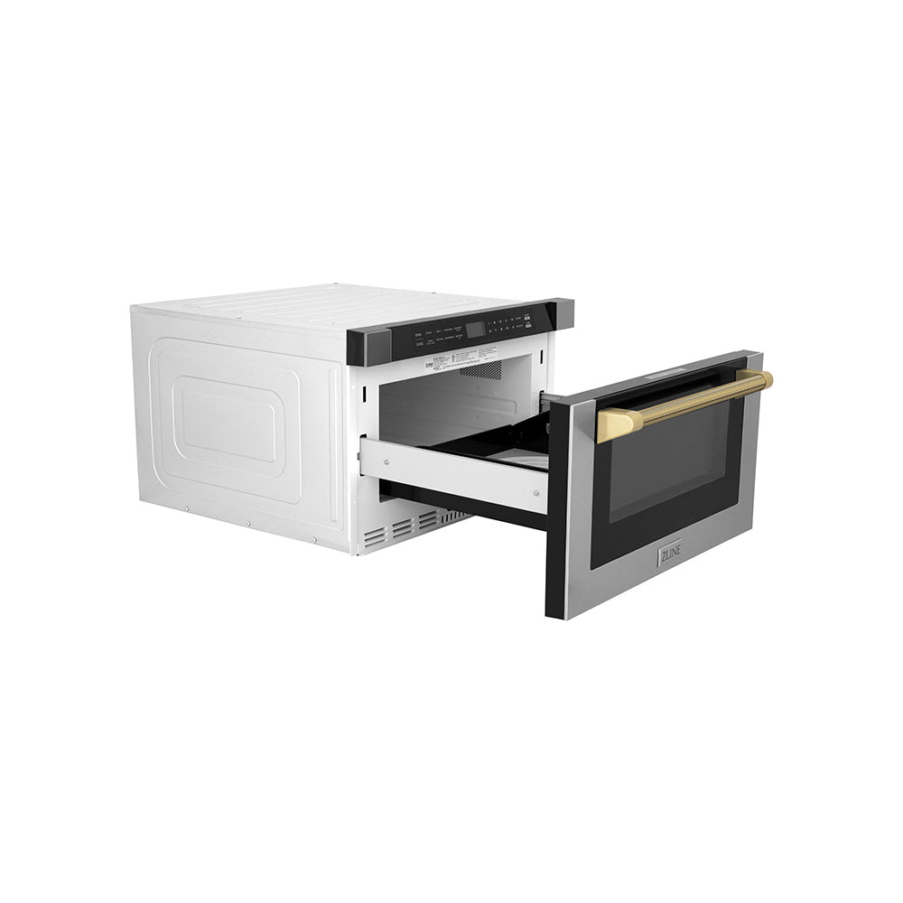 ZLINE Autograph Edition 24 in. 1.2 cu. ft. Built-in Microwave Drawer in Stainless Steel and Polished Gold Helix Handle (MWDZ-1-H-KG)