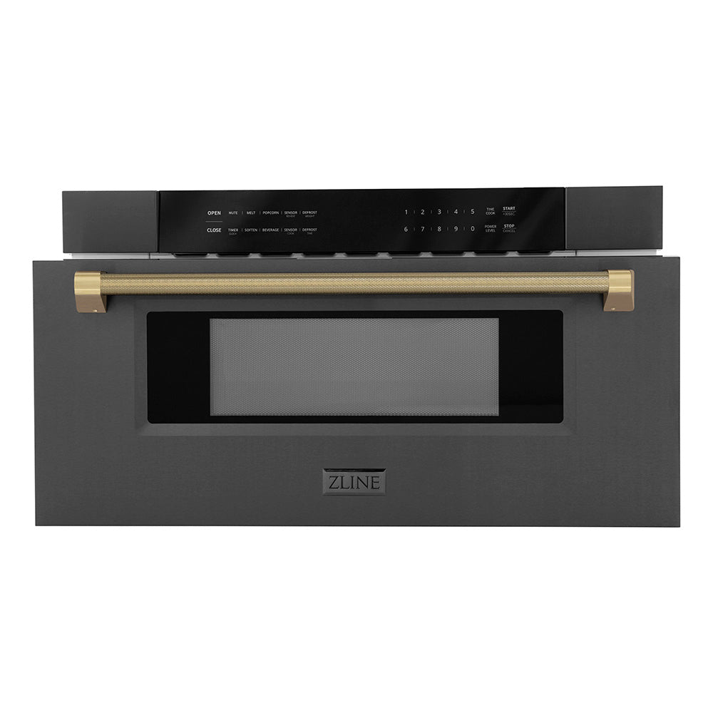 ZLINE Autograph Edition 30 in. 1.2 cu. ft. Built-in Microwave Drawer in Black Stainless Steel and Champagne Bronze Helix Handle (MWDZ-30-BS-KCB)