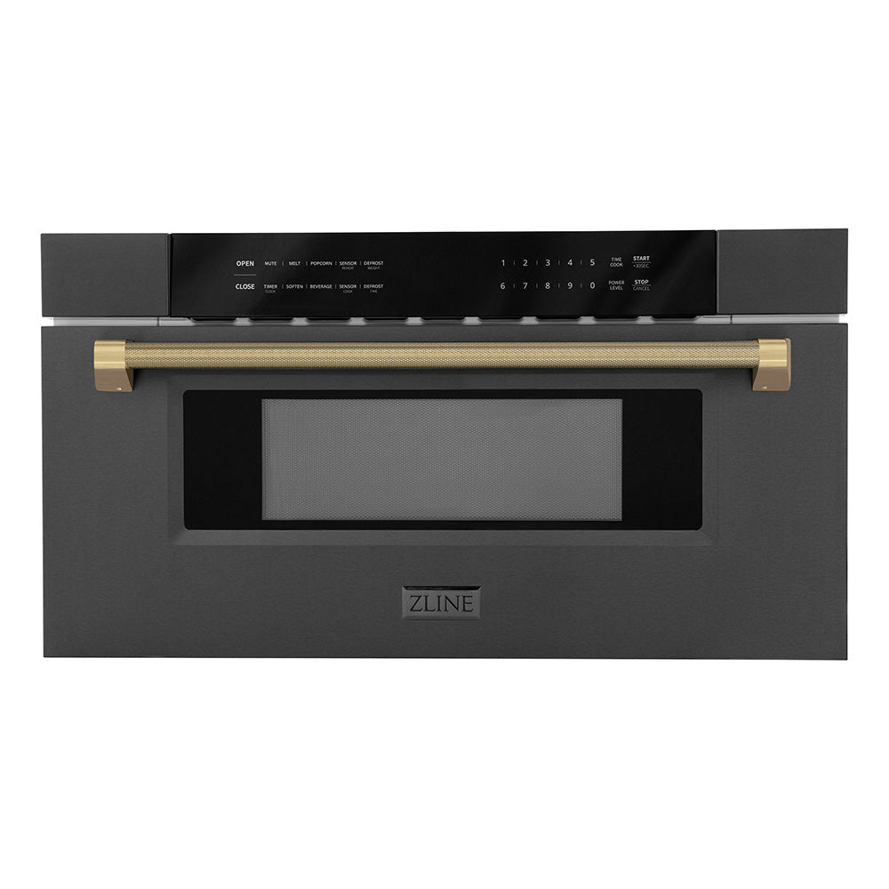 ZLINE Autograph Edition 30 in. 1.2 cu. ft. Built-in Microwave Drawer in Black Stainless Steel and Champagne Bronze Helix Handle (MWDZ-30-BS-KCB)