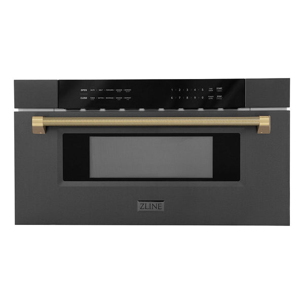 ZLINE Autograph Edition 30 in. 1.2 cu. ft. Built-in Microwave Drawer in Black Stainless Steel and Champagne Bronze Helix Handle (MWDZ-30-BS-KCB)