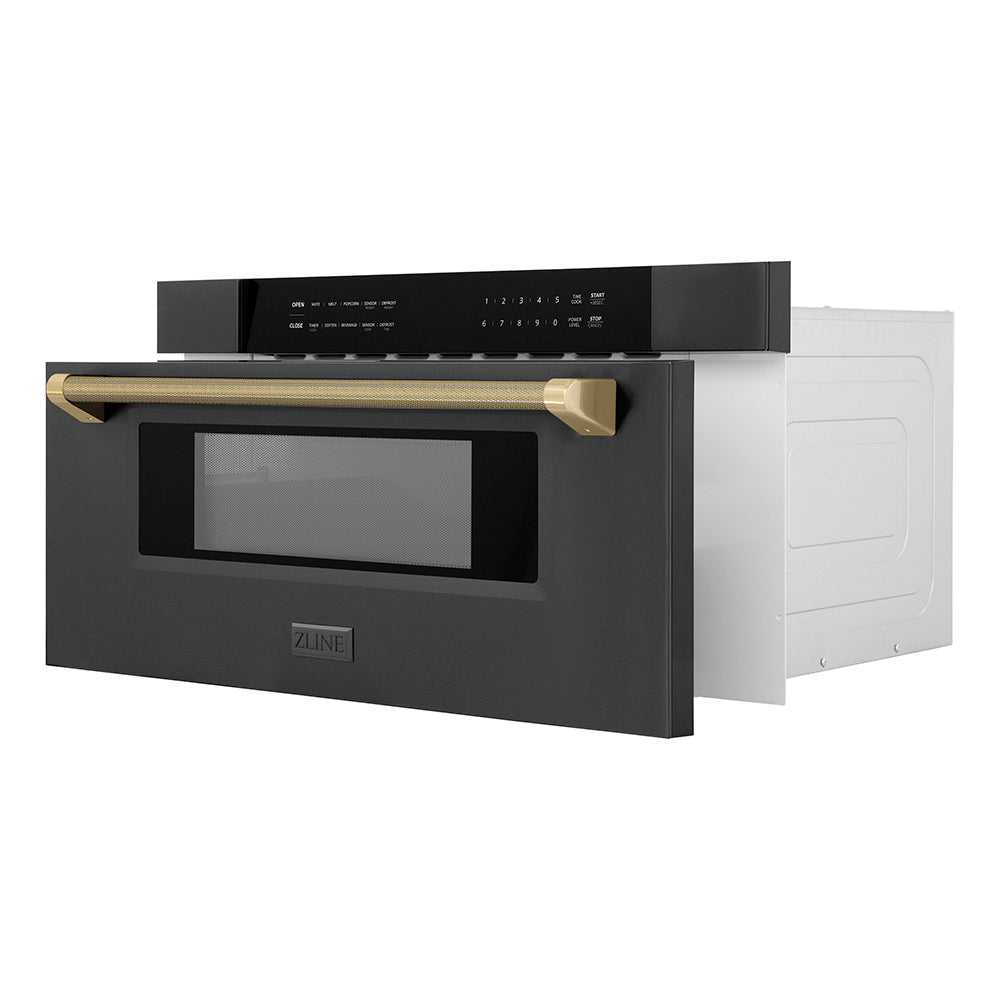 ZLINE Autograph Edition 30 in. 1.2 cu. ft. Built-in Microwave Drawer in Black Stainless Steel and Champagne Bronze Helix Handle (MWDZ-30-BS-KCB)