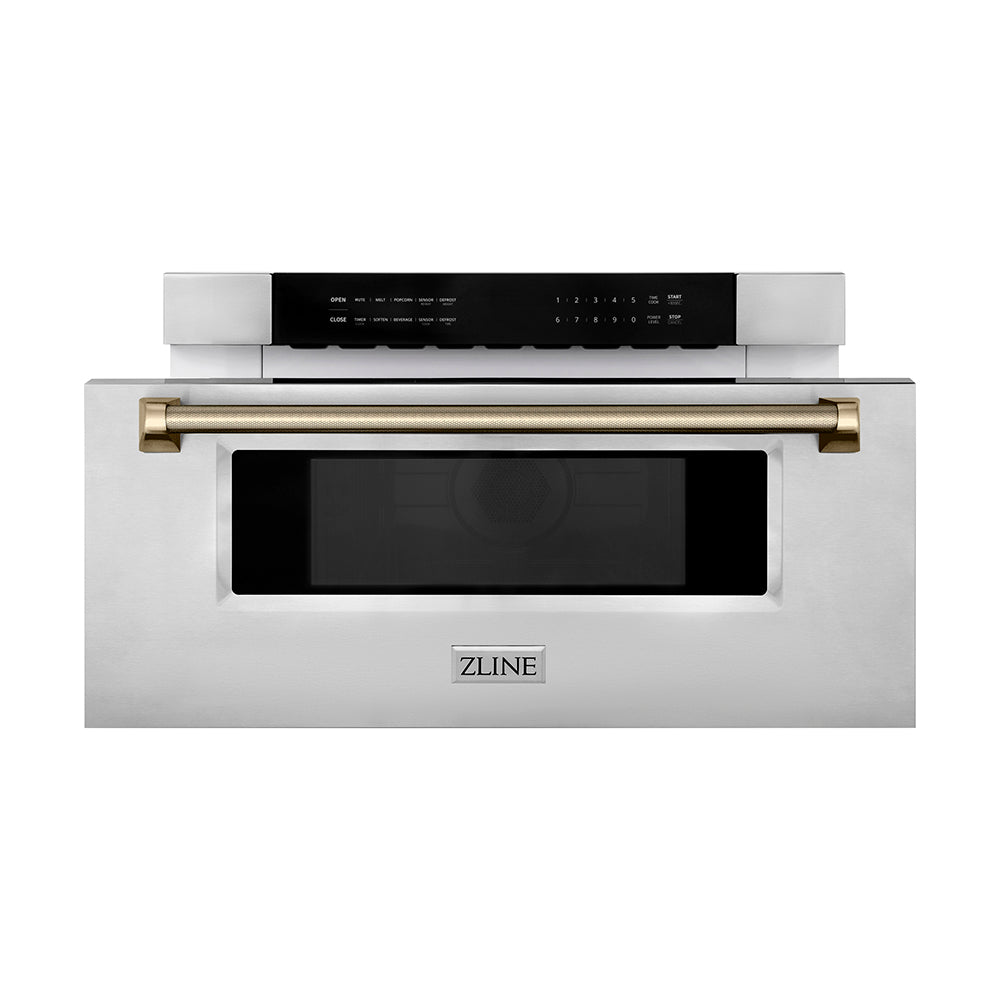 ZLINE Autograph Edition 30 in. 1.2 cu. ft. Built-in Microwave Drawer in Stainless Steel and Champagne Bronze Helix Handle (MWDZ-30-KCB)