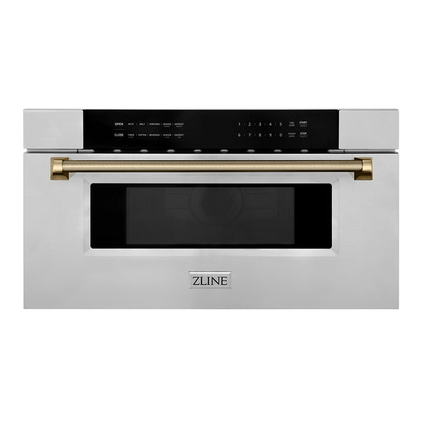 ZLINE Autograph Edition 30 in. 1.2 cu. ft. Built-in Microwave Drawer in Stainless Steel and Champagne Bronze Helix Handle (MWDZ-30-KCB)