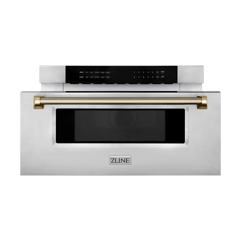 ZLINE Autograph Edition 30 in. 1.2 cu. ft. Built-in Microwave Drawer in Stainless Steel and Polished Gold Helix Handle (MWDZ-30-KG)