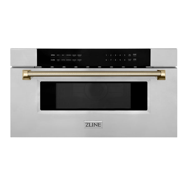ZLINE Autograph Edition 30 in. 1.2 cu. ft. Built-in Microwave Drawer in Stainless Steel and Polished Gold Helix Handle (MWDZ-30-KG)