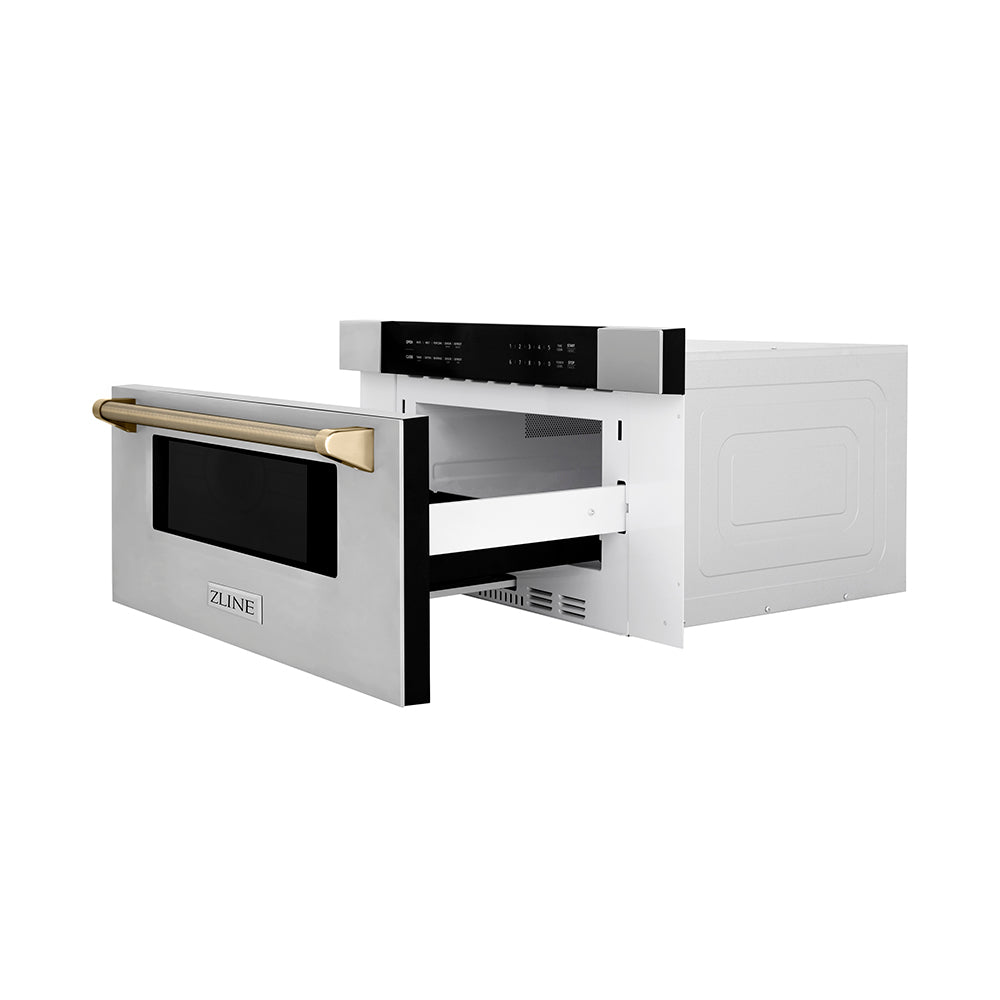 ZLINE Autograph Edition 30 in. 1.2 cu. ft. Built-in Microwave Drawer in Stainless Steel and Polished Gold Helix Handle (MWDZ-30-KG)