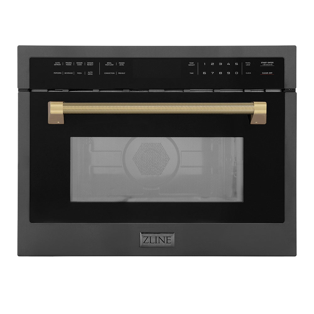 ZLINE Autograph Edition 24 in. 1.6 cu ft. Built-in Convection Microwave Oven in Black Stainless Steel and Champagne Bronze Helix Handle (MWOZ-24-BS-KCB)
