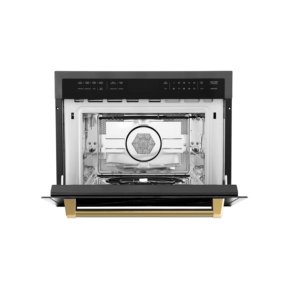 ZLINE Autograph Edition 24 in. 1.6 cu ft. Built-in Convection Microwave Oven in Black Stainless Steel and Polished Gold Helix Handle (MWOZ-24-BS-KG)