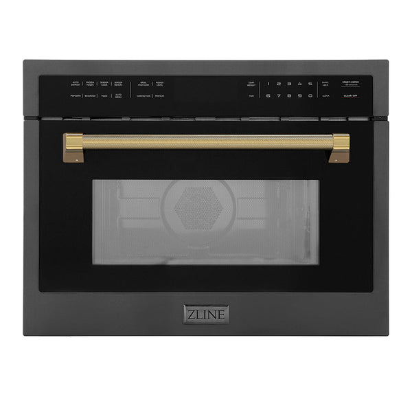 ZLINE Autograph Edition 24 in. 1.6 cu ft. Built-in Convection Microwave Oven in Black Stainless Steel and Polished Gold Helix Handle (MWOZ-24-BS-KG)
