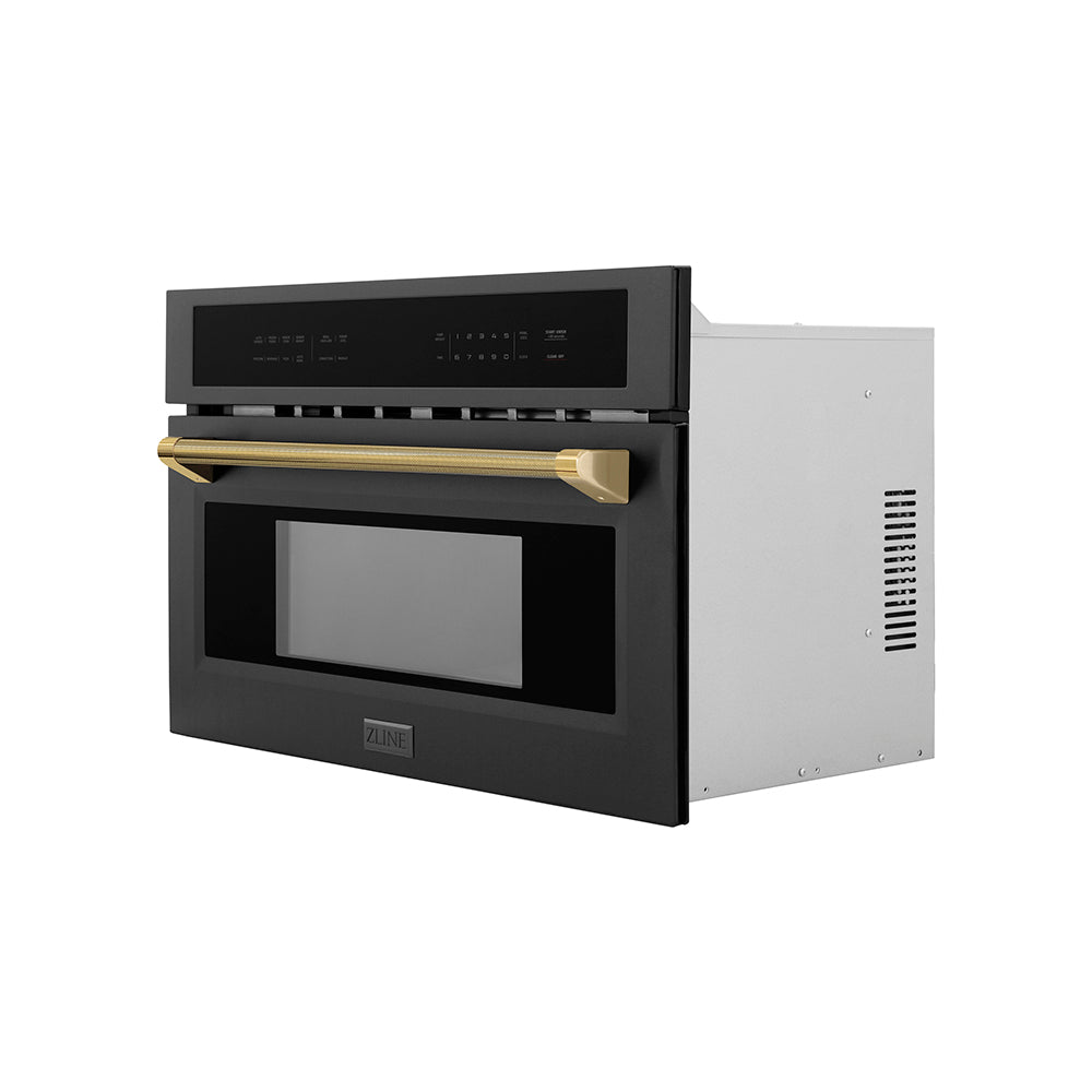 ZLINE Autograph Edition 30 in. 1.6 cu ft. Built-in Convection Microwave Oven in Black Stainless Steel and Polished Gold Helix Handle (MWOZ-30-BS-KG)