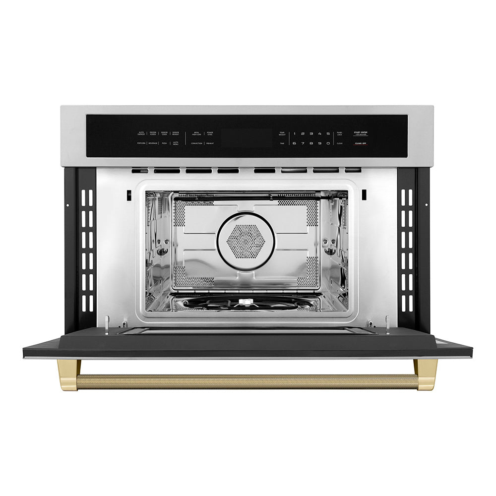 ZLINE Autograph Edition 30 in. 1.6 cu ft. Built-in Convection Microwave Oven in Stainless Steel and Champagne Bronze Helix Handle (MWOZ-30-KCB)
