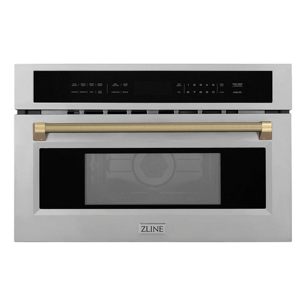 ZLINE Autograph Edition 30 in. 1.6 cu ft. Built-in Convection Microwave Oven in Stainless Steel and Champagne Bronze Helix Handle (MWOZ-30-KCB)